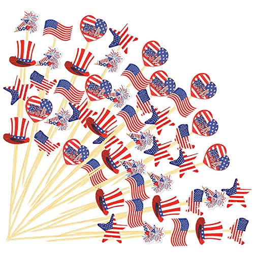 Nuenen 240 Stück 4. Juli Zahnstocher Patriotische Cocktailspieße USA Flagge Cupcake Topper 12 cm Partypicker aus Bambus Obst Picker für Unabhängigkeitstag Amerika USA Party Zubehör Deko, 6 Stile von Nuenen