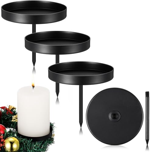 Nuenen 4 Kerzenhalter Adventskranz Kerzenhalter mit Spieß Kerzenständer Teelichthalter für Adventskranz 8,5 cm Kerzenteller Deko Kerzenständer zum Stecken Dekotablett Tablett Rund Retro (Schwarz) von Nuenen