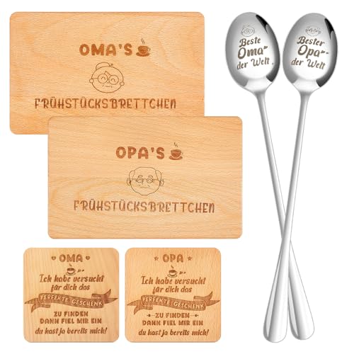 Nuenen 6 Stück Oma und Opa Geschenk Set Oma und Opa Frühstücksbrettchen Buchenholz Untersetzer Kaffeelöffel mit Gravur Großeltern Geschenkidee für Geburtstagsgeschenk Hochzeitstag von Nuenen