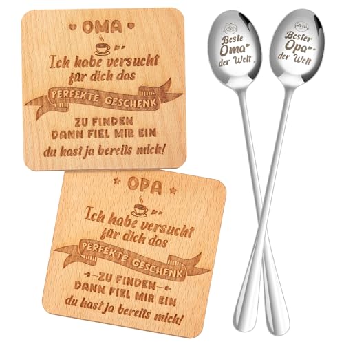 Nuenen Geschenke für Oma und Opa 2 Stück Holz Untersetzer und 2 Stück Kaffeelöffel mit Gravur Beste Oma und Opa Geschenke für Großeltern zum Geburtstag Weihnachten Jahrestag von Nuenen