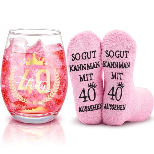 Nuenen Lustige Geschenke für Frauen zum 40. Geburtstag inklusive Weinglas mit Gravur zum 40. Geburtstag und 40. Geburtstagssocken Geschenk zum 40. Hochzeitstag Rotweingläser und Strümpfe für Damen von Nuenen