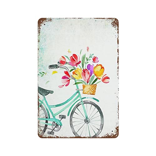 Blumige Fahrradtulpen Wandkunst Frühling rustikale Dekoration Blechschild Antik Vintage Metallposter Wandkunst Hängeschild für Bauernhof Schlafzimmer Garage Badezimmer Club Männerhöhle Bar Café von Nufar