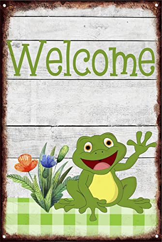 Frühlingsgartenschild, grüner Frosch, Willkommensschild, Vintage, Metall-Blechschilder, Retro-Garagendekoration für Wanddekorationen, Männerhöhle, Dekoration, Garage, Kaffee, Bar, Tor, Hof, 14 x 20 cm von Nufar