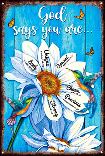 "God Says You Are Inspirierendes Blechschild, Wandkunst, Bibelversen, christliche Kunst, Blech-Sonnenblumendruck, gerahmt, Wandkunst, fertig zum Aufhängen, für Schlafzimmer, Büro, Wohnzimmer von Nufar