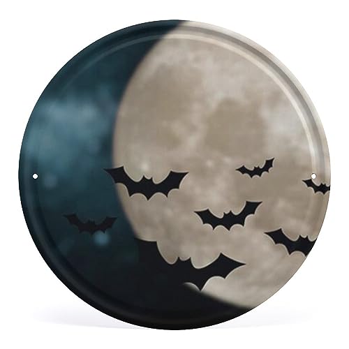 Halloween Fledermäuse Vollmond Kranz Schild, Kranzbefestigung, Metallschild, rundes Schild für Kränze, runde Metall-Blechschilder für Haus und Küche, Bar, Café, Tankstelle, Garage, Retro-Wand, 30,5 x von Nufar