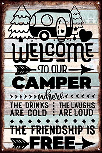 Lustiges Metall-Blechschild mit Aufschrift "Welcome To Our Camper", rustikale Campingschilder für Zuhause, Garage, Männer, Höhlendekoration, Camper, Geschenke, 14 x 20 cm, warmes Haus Geschenke für von Nufar