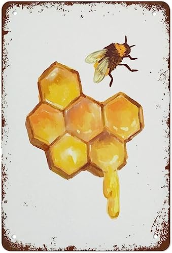 Lustiges Retro-Blechschild, Bienen-Dekor, Biene, Kunstdruck, Küche, Wandkunst, gelbe Wanddekoration, Honigbienen-Dekor, sofort geeignet für Zuhause und Küche, Bar, Café, Garage, Wanddekoration, 14 x von Nufar