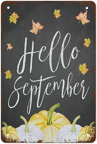 Lustiges Vintage-Blechschild aus Metall, Motiv: Hello September Kürbisse und fallende Blätter, Kunstwerk, Herbst-Kreidetafel, Dekoration, geeignet für Zuhause, Bar, Café, Garage, Wanddekoration, 20,3 von Nufar
