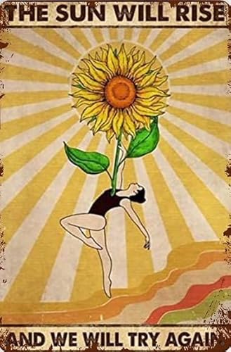 Metall-Blechschild mit Yoga-Mädchen und Sonnenblume, Live By The Sun, Love By The Moon Retro-Poster, Zuhause, Bauernhof, Supermarkt, Garage, Hotel, Esszimmer, Einkaufszentrum, Gartentür von Nufar