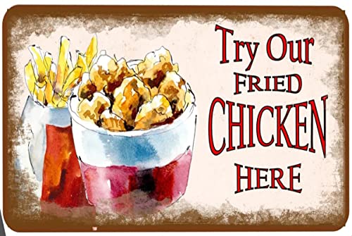 Probieren Sie unser frittiertes Huhn Here, Retro-Diner-Stil, Bistro-Restaurant, Aluminium-Blechschild, Metall-Wandkunst, Dekorationen, Eisenmalerei für drinnen und draußen, Heimdekoration Probieren Sie unser frittiertes Huhn Here, Retro-Diner-Stil, Bistro-Restaurant, Aluminium-Blechschild, Metall-Wandkunst, Dekorationen, Eisenmalerei für drinnen und draußen, Heimdekoration von Nufar
