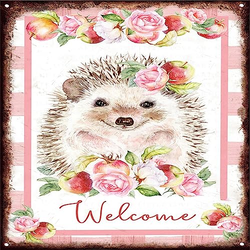 Quadratisches Metall-Blechschild, Motiv: Igel, Äpfel, Rosen, rustikale Wanddekoration, Wandschild, Gemälde, Poster, geeignet für Zuhause, Garten, Küche, Bar, Café, Restaurant, Garage, 30,5 x 30,5 cm von Nufar