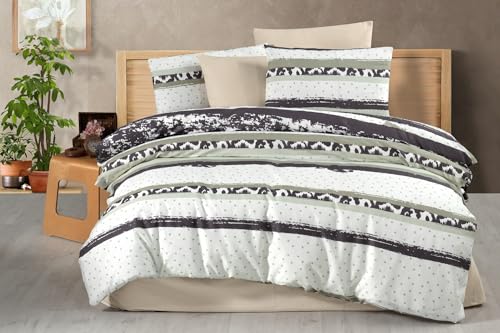 Double Quilt Cover Set (200 x 200 cm), 50% Cotton/50% Polyester, 127 Thread Count | Includes 2 Pillowcases (80 x 80 cm) | Stylish White, Black & Mint Design, Machine Washable von Nuit Des Rêves
