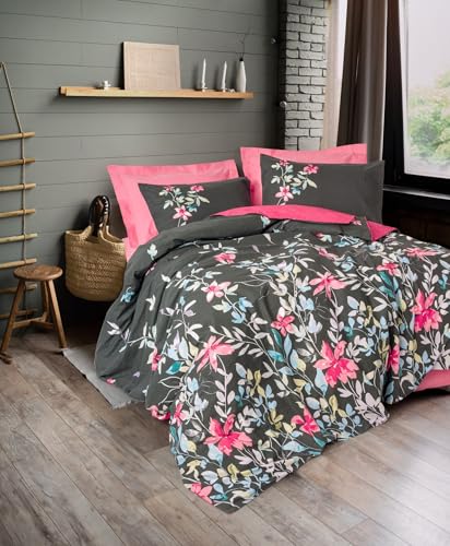 Nuit Des Rêves 100% Cotton Ranforce Single Quilt Cover Set, Pink, 135 x 200 cm Duvet & 80 x 80 cm Pillowcase | Reactive Printing, Machine Washable, Button Closure von Nuit Des Rêves