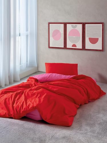 Nuit Des Rêves 100% Cotton Ranforce Single Quilt Cover Set, Red & Fuchsia, 135 x 200 cm | Reactive Printing, Machine Washable, Envelope & Button Closure | Cozy & Stylish Bedding von Nuit Des Rêves
