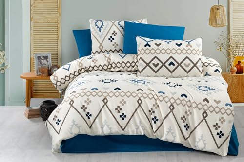Nuit Des Rêves Double Quilt Cover Set (200 x 200 cm), 50% Cotton/50% Polyester, Blue/Brown/Cream | 2 Pillowcases (80 x 80 cm) | Button & Envelope Closure, 127 Thread Count, Machine Washable von Nuit Des Rêves