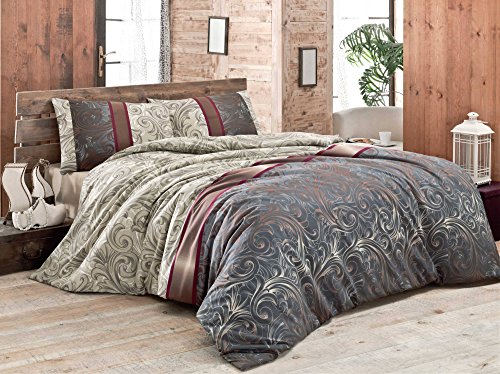 Nuit Des Rêves Double Quilt Cover Set (200 x 200 cm), 65% Cotton/35% Polyester, 2 Pillowcases (80 x 80 cm), Machine Washable, Elegant Cream & Claret Red Design von Nuit Des Rêves