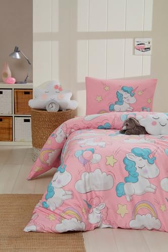 Nuit Des Rêves Double Quilt Cover Set (200 x 200 cm), 70% Cotton/30% Polyester, Pink/White/Blue | 2 Pillowcases (80 x 80 cm) | Machine Washable, Elegant Design von Nuit Des Rêves