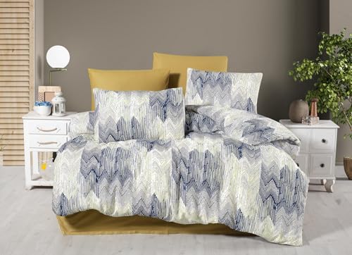 Nuit Des Rêves Double Quilt Cover Set (200 x 200 cm), Mustard & Dark Blue, 50% Cotton/50% Polyester | 2 Pillowcases (80 x 80 cm) | Button & Envelope Closure, 127 TC, Machine Washable von Nuit Des Rêves