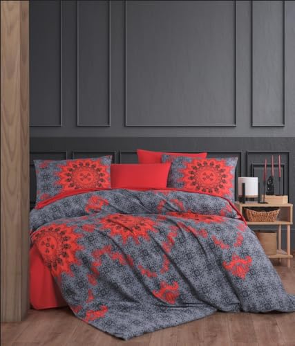 Nuit Des Rêves Double Quilt Cover Set (200 x 200 cm), Red & Anthracite, 50% Cotton/50% Polyester | Includes 2 Pillowcases (80 x 80 cm) | Machine Washable at 40°C von Nuit Des Rêves