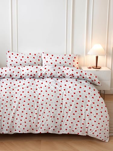 Nuit Des Rêves Double Quilt Cover Set (200 x 200 cm), Red & White, 50% Cotton/50% Polyester | 2 Pillowcases (80 x 80 cm) | Machine Washable, 127 Thread Count, Button Closure von Nuit Des Rêves