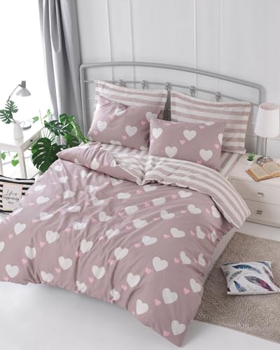 Nuit Des Rêves Elegant Double Quilt Cover Set (200 x 200 cm), Dusty Rose & White, 65% Cotton/35% Polyester | Machine Washable, 120 Thread Count, Envelope & Button Closure von Nuit Des Rêves