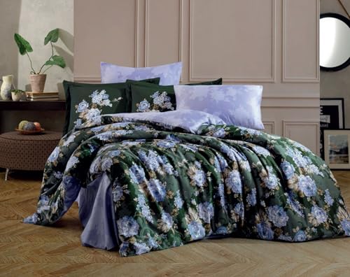 Nuit Des Rêves Exclusive Satin Quilt Cover Set (135x200 cm), 100% Cotton, Green & Light Blue/Brown | Machine Washable, 210 Thread Count, Button & Envelope Closure, Twin von Nuit Des Rêves