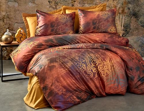 Nuit Des Rêves Luxurious Double Quilt Cover Set (200x200 cm), Red & Gold, 100% Polyester Microsatin & Cotton 3D Print, Zipper Closure, Machine Washable von Nuit Des Rêves