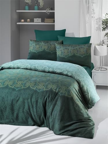 Nuit Des Rêves Luxurious Satin Double Quilt Cover Set (200x200 cm), 100% Cotton, 210 Thread Count, Green/White/Yellow | Machine Washable, Envelope & Button Closure | Perfect for Elegant Bedrooms von Nuit Des Rêves