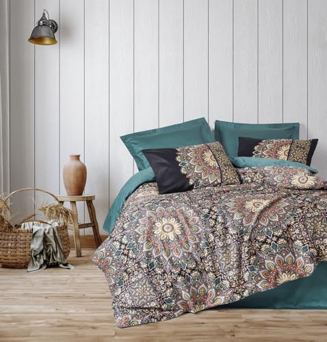 Nuit Des Rêves Luxurious Satin Double Quilt Cover Set (200x200 cm), Petrol Color | 100% Cotton Satin, Reactive Printing, 210 Thread Count | Includes 2 Pillowcases (80x80 cm), Machine Washable von Nuit Des Rêves