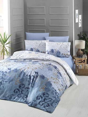 Nuit Des Rêves Luxurious Satin King Quilt Cover Set (200 x 220 cm), 100% Cotton, 210 Thread Count, Blue/White/Brown, Machine Washable, Elegant Button Closure, 2 Pillowcases von Nuit Des Rêves