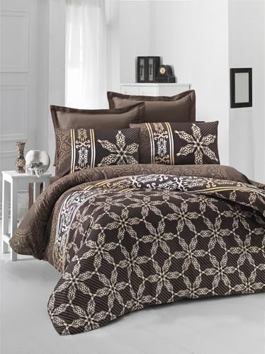 Nuit Des Rêves Luxurious Satin King Quilt Cover Set (200 x 220 cm), 100% Cotton, 210 Thread Count, Brown/White/Yellow | Machine Washable, Elegant Design with Button Closure von Nuit Des Rêves