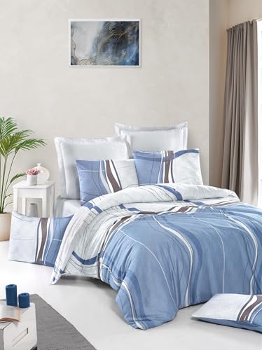 Nuit Des Rêves Luxurious Satin King Quilt Cover Set (200 x 220 cm), 100% Cotton, 210 Thread Count, Machine Washable, White/Blue/Brown, Elegant Design with Button Closure von Nuit Des Rêves