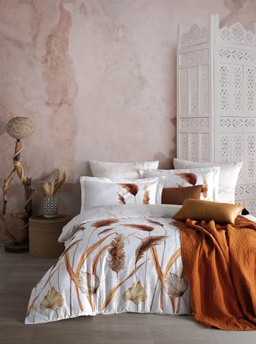 Nuit Des Rêves Luxurious Satin Quilt Cover Set (135 x 200 cm), 100% Cotton, 210 Thread Count | Includes 1 Pillowcase (80 x 80 cm) | Machine Washable, Elegant White, Orange & Brown Design von Nuit Des Rêves