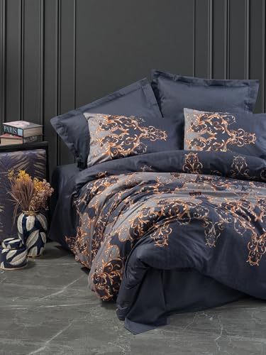 Nuit Des Rêves Luxurious Satin Quilt Cover Set (135x200 cm), Dark Blue & Gold | 100% Cotton, Reactive Print, Machine Washable, Button Closure | Elegant Bedding for Modern Bedrooms von Nuit Des Rêves