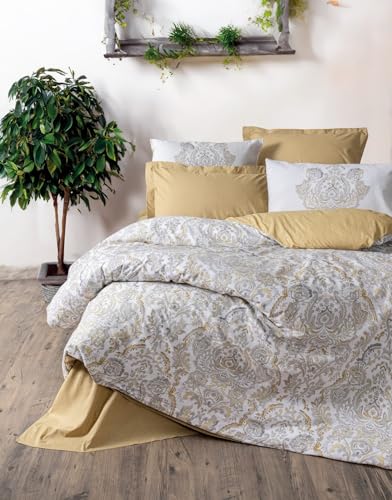 Nuit Des Rêves Mustard Ranforce Double Quilt Cover Set (200x200 cm), 100% Cotton, 2 Pillowcases (80x80 cm), Pigment Printed, Machine Washable, Elegant Design von Nuit Des Rêves