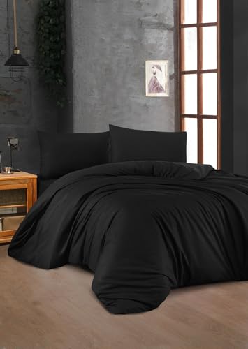 Nuit Des Rêves Premium Ranforce Double Quilt Cover Set, 100% Cotton, Black, 200 x 200 cm | Includes 2 Pillowcases, Button Closure, Machine Washable at 30°C von Nuit Des Rêves