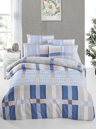 Nuit Des Rêves Premium Ranforce Double Quilt Cover Set (200x200 cm), 100% Cotton, 145 Thread Count, Machine Washable, Blue & Beige | Elegant Design with Button Closure von Nuit Des Rêves