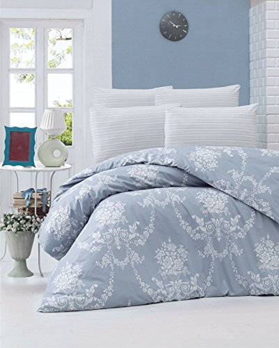 Nuit Des Rêves Premium Ranforce Double Quilt Cover Set (200x200 cm), 100% Cotton, Blue & White | 2 Pillowcases (80x80 cm) | Machine Washable, Elegant Design von Dose of Modern