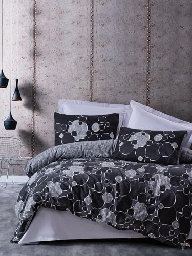 Nuit Des Rêves Premium Ranforce Double Quilt Cover Set (200x200 cm), 100% Cotton, Grey & Black | 2 Pillowcases (80x80 cm) | Reactive Print, Machine Washable, Button Closure von Nuit Des Rêves