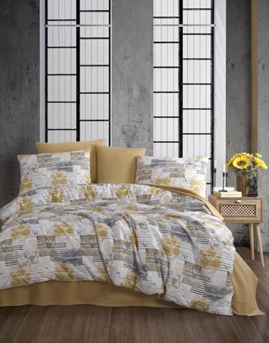 Nuit Des Rêves Premium Ranforce Double Quilt Cover Set (200x200 cm), 100% Cotton, Yellow/White/Grey, Includes 2 Pillowcases (80x80 cm), Machine Washable at 40°C von Nuit Des Rêves