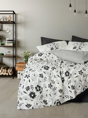 Nuit Des Rêves Premium Ranforce Double Quilt Cover Set (200x200 cm), Black, 100% Cotton, 2 Pillowcases (80x80 cm), Pigment Printed, Machine Washable, Button Closure von Nuit Des Rêves