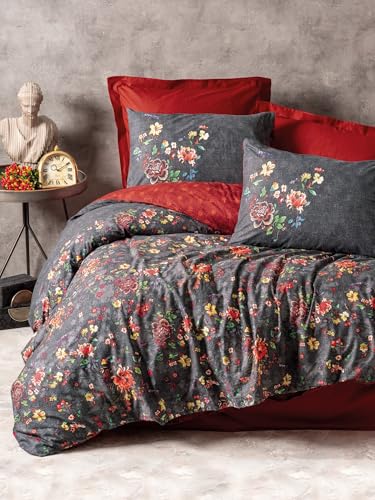 Nuit Des Rêves Premium Ranforce Double Quilt Cover Set (200x200 cm), Claret Red & Dark Grey | 100% Cotton, Reactive Print, Machine Washable, 2 Pillowcases Included von Nuit Des Rêves