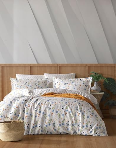 Nuit Des Rêves Ranforce Double Quilt Cover Set (200x200 cm), 100% Cotton, 145 Thread Count, Includes 2 Pillowcases (80x80 cm), Machine Washable, White/Orange/Blue Design von Nuit Des Rêves