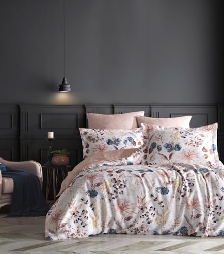 Nuit Des Rêves Ranforce Double Quilt Cover Set (200x200 cm), 100% Cotton, 2 Pillowcases (80x80 cm) | Machine Washable, Elegant White, Salmon, Yellow & Pink Design von Nuit Des Rêves