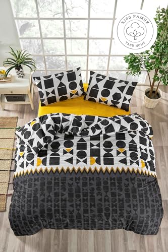 Nuit Des Rêves Ranforce Double Quilt Cover Set (200x200 cm), 100% Cotton, Black/Yellow/White | Machine Washable, Pigment Printing, Button & Envelope Closure | Stylish & Comfortable Bedding von Nuit Des Rêves