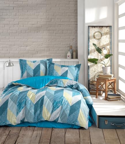 Nuit Des Rêves Ranforce Double Quilt Cover Set (200x200 cm), 100% Cotton, Blue/White/Yellow, 2 Pillowcases (80x80 cm), Machine Washable, Elegant Design with Button Closure von Nuit Des Rêves