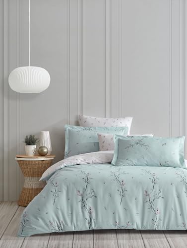 Nuit Des Rêves Ranforce Double Quilt Cover Set (200x200 cm), 100% Cotton, Green, White, Pink & Mint | Machine Washable, 145 Thread Count, Button & Envelope Closure von Nuit Des Rêves
