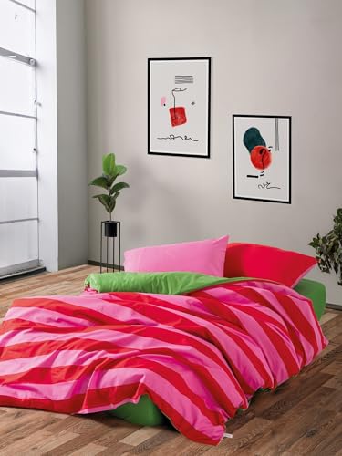 Nuit Des Rêves Ranforce Double Quilt Cover Set (200x200 cm), 100% Cotton, Green & Pink/Fuchsia, Reactive Print, Machine Washable, Envelope & Button Closure, 145 TC von Nuit Des Rêves