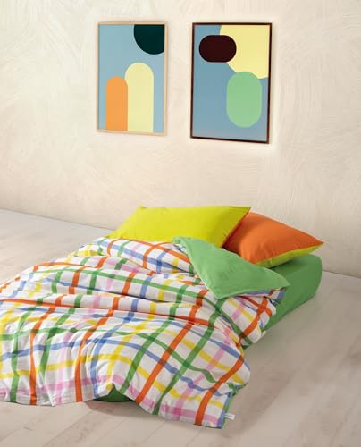 Nuit Des Rêves Ranforce Double Quilt Cover Set (200x200 cm), 100% Cotton, Reactive Print, Machine Washable, Includes 2 Pillowcases (80x80 cm), Stylish Green, White, Orange, Blue & Yellow Design von Nuit Des Rêves