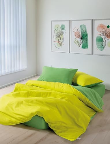 Nuit Des Rêves Ranforce Double Quilt Cover Set (200x200 cm), 100% Cotton, Yellow & Green | Reactive Printing, Machine Washable, Envelope & Button Closure | Soft & Stylish Bedding von Nuit Des Rêves